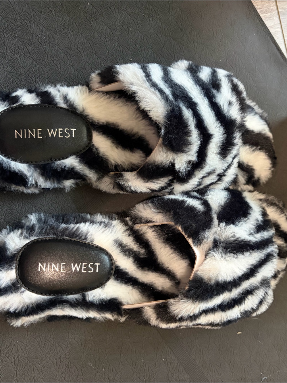 Nine West Black & White Faux Fur Zebra Slide Slippers